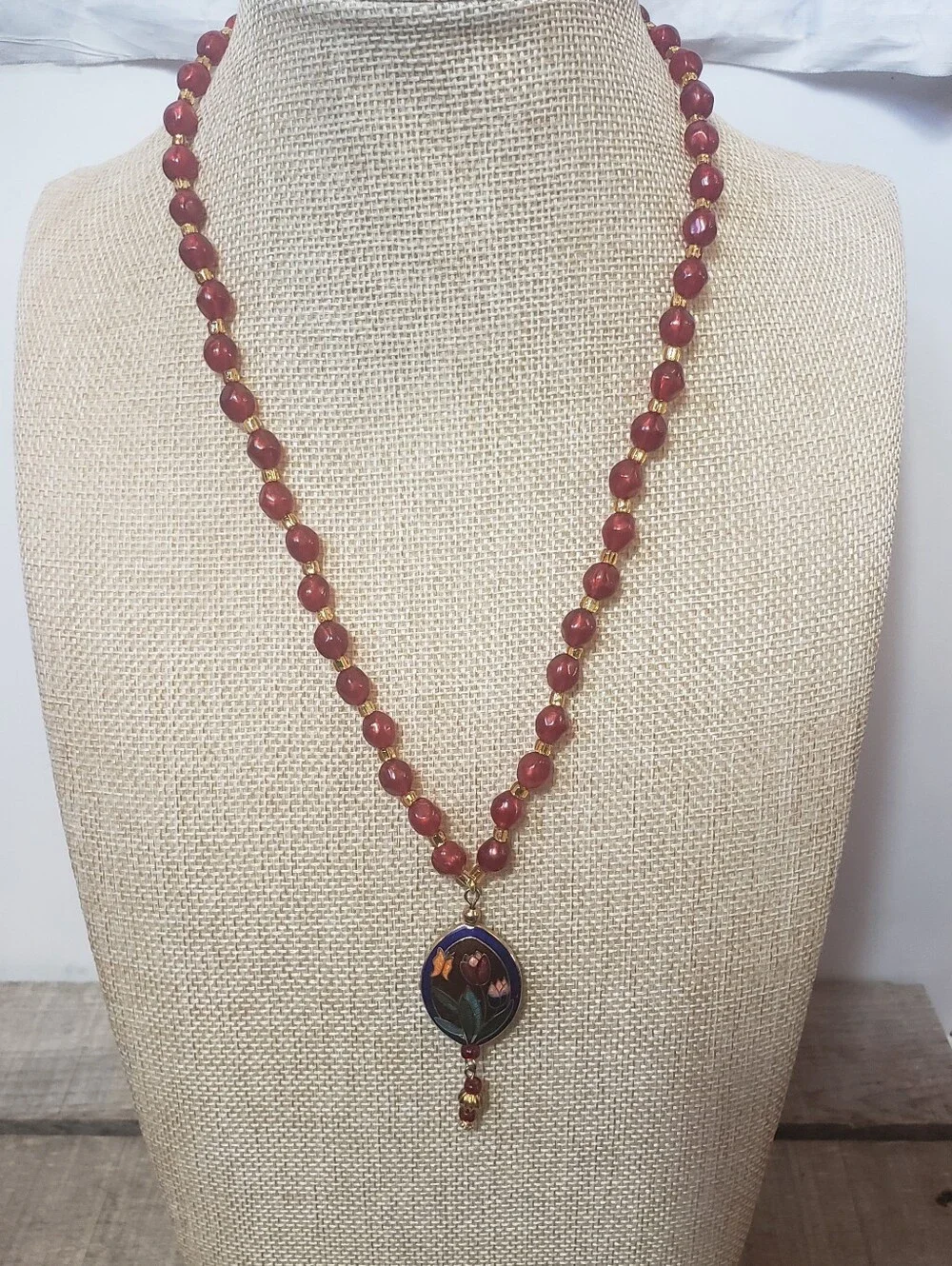 CLOISONNE PENDANT On BEADED NECKLACE Tulips & Butterfly